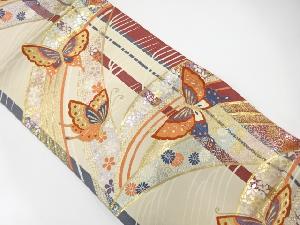 アンティーク　蝶に荒波・草花模様織り出し袋帯（材料）